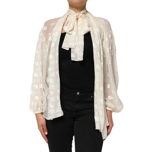 Dolce & Gabbana Off White Logo Monogram Ascot Collar Women's Top (Pre-Owned)